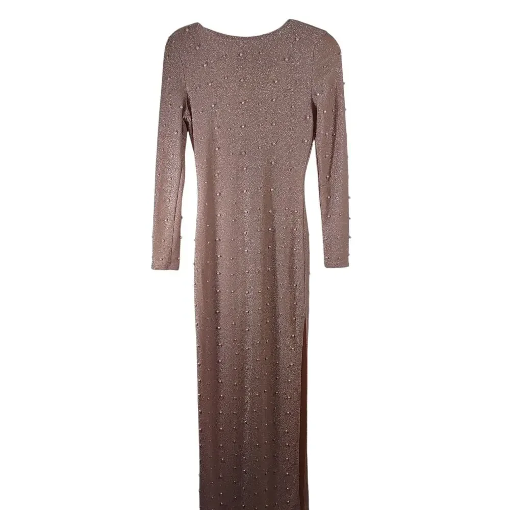 Nude Pearl Embellished Maxi Dress, Fitted, Size Small - Picture 3 of 8